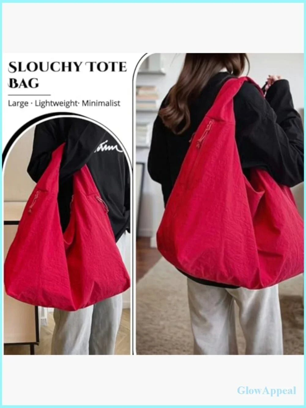 Large Slouchy Nylon Shoulder Tote Bag with Multiple Pockets for Travel & Work